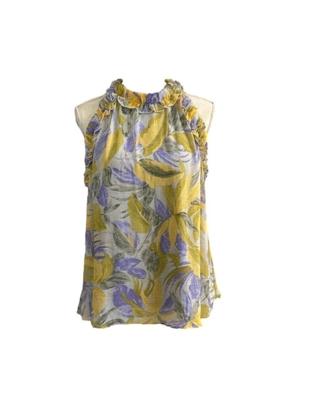 Entro Purple and Yellow Sleeveless Ruffle Neckline Blouse. Size Medium